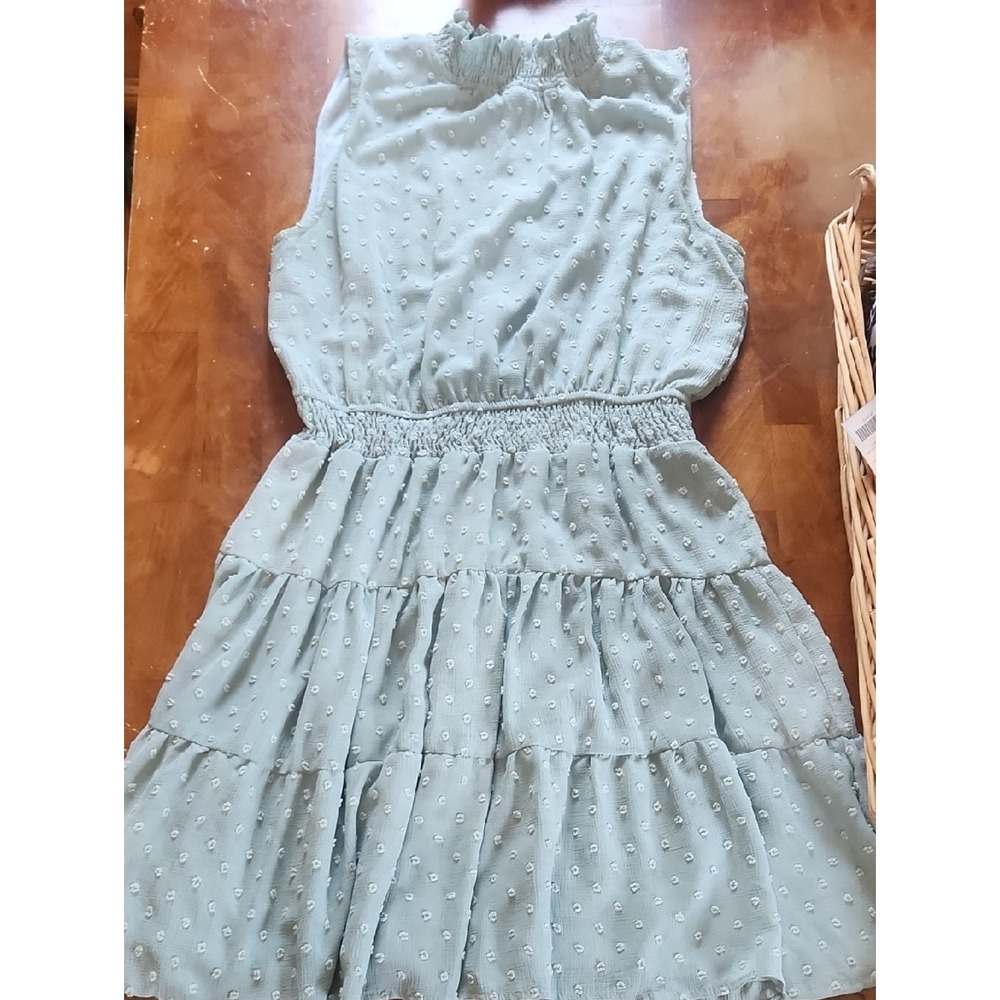 Sweet Wanderer Tiered Swiss Dot Dress Size L Sage Green Smocked Waist‎ Boho